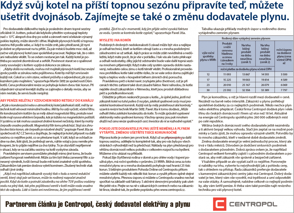 článek na téma plynový kotel - výstřižek z Deníku dne 11. 4. 2021