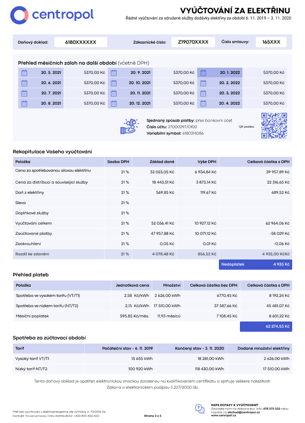 Ukázka faktury za elektřinu