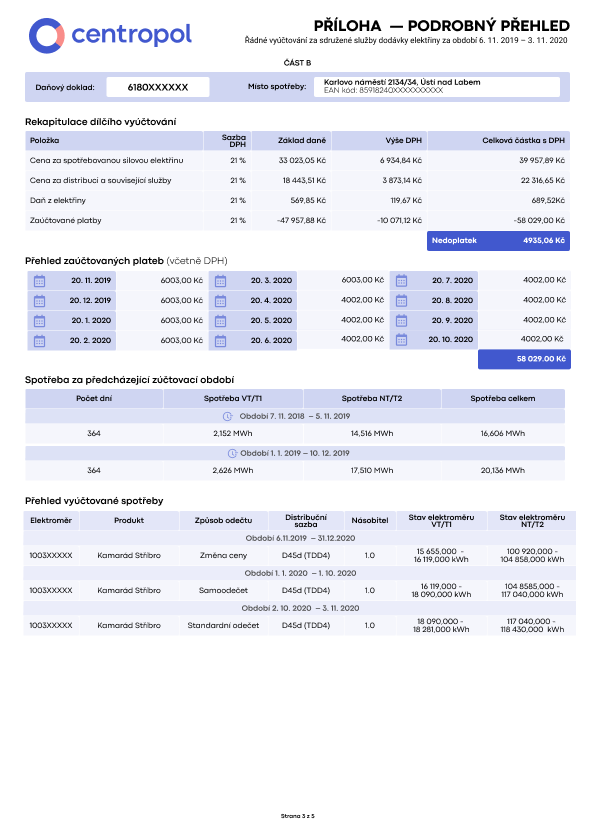 Ukázka faktury za elektřinu