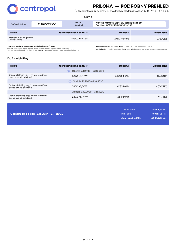 Ukázka faktury za elektřinu