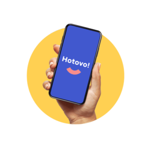 Nabídka elektřiny - ruka drží telefon s nápisem hotovo a úsměvem Centropolu